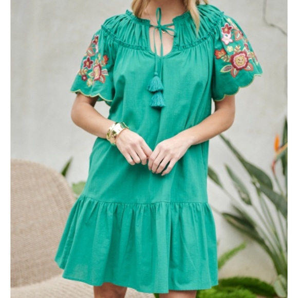 Bright Green Floral Embroidered Short Sleeve Tassel Tie Neck Flare Pocket Dress - Picture 4 of 17